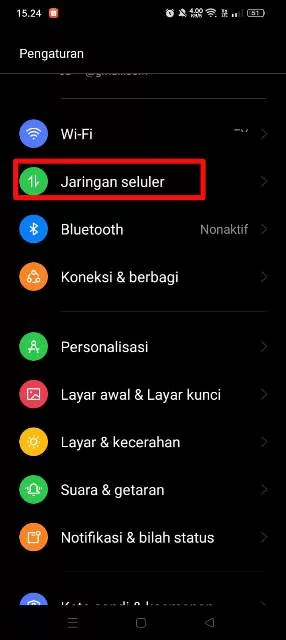 menu jaringan seluler