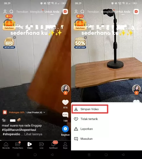 simpan video Shopee