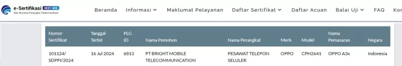 Sertifikasi Postel Oppo A3x Sertifikasi Postel Oppo A3x