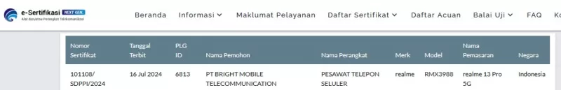 Sertifikasi Postel Realme 13 Pro 5G Sertifikasi Postel Realme 13 Pro 5G