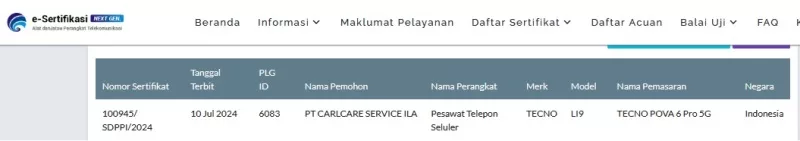Sertifikasi Postel Tecno Pova 6 Pro 5G Sertifikasi Postel Tecno Pova 6 Pro 5G