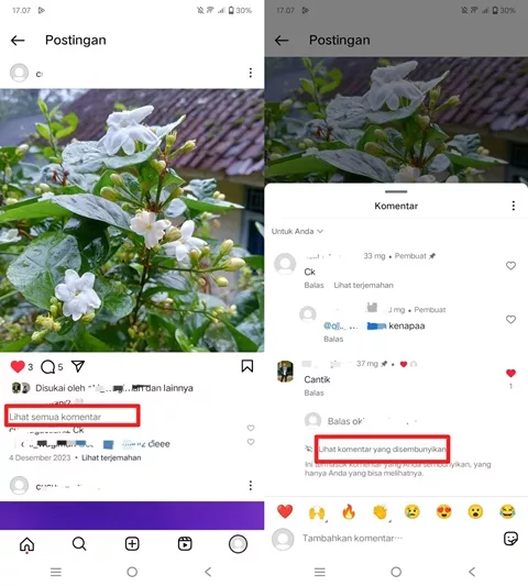 Menu lihat komentar yang disembunyikan