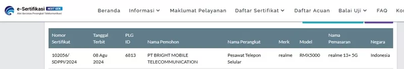 Sertifikasi Postel Realme 13+ 5G Sertifikasi Postel Realme 13+ 5G