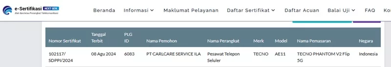 Sertifikasi Postel Tecno Phantom V2 Flip 5G Sertifikasi Postel Tecno Phantom V2 Flip 5G