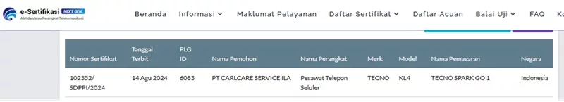 Sertifikasi Postel Tecno Spark Go 1 Sertifikasi Postel Tecno Spark Go 1