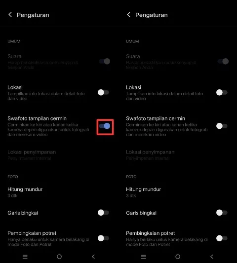 nonaktifkan fitur mirror kamera