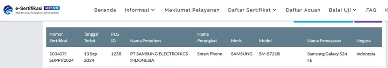 Sertifikasi Postel Galaxy S24 FE Sertifikasi Postel Galaxy S24 FE