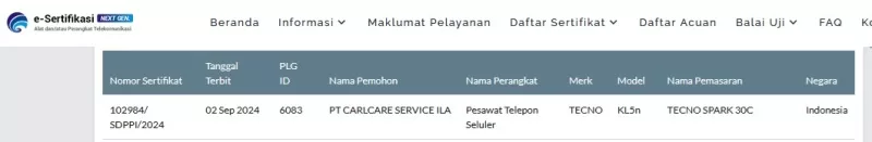 Sertifikasi Postel Tecno Spark 30C Sertifikasi Postel Tecno Spark 30C