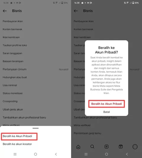 Ubah akun bisnis ke pribadi