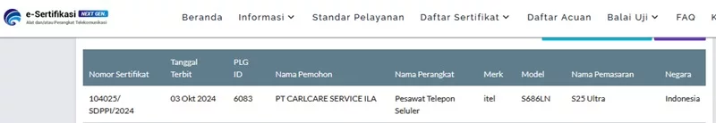 Sertifikasi Postel Itel S25 Ultra Sertifikasi Postel Itel S25 Ultra