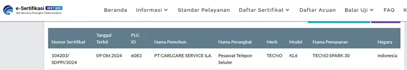 Sertifikasi Postel Tecno Spark 30 Sertifikasi Postel Tecno Spark 30