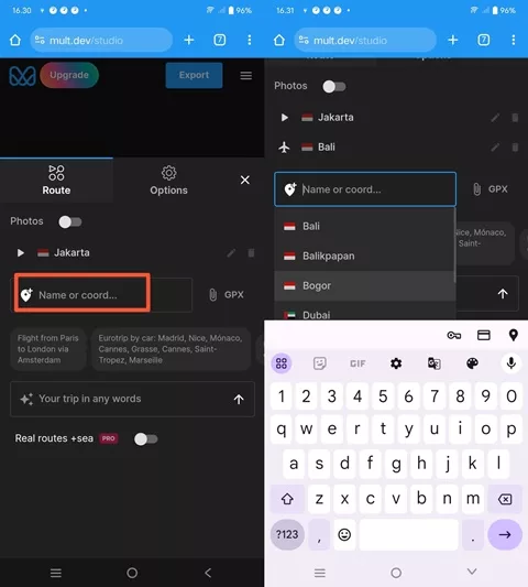 masukkan rute perjalanan
