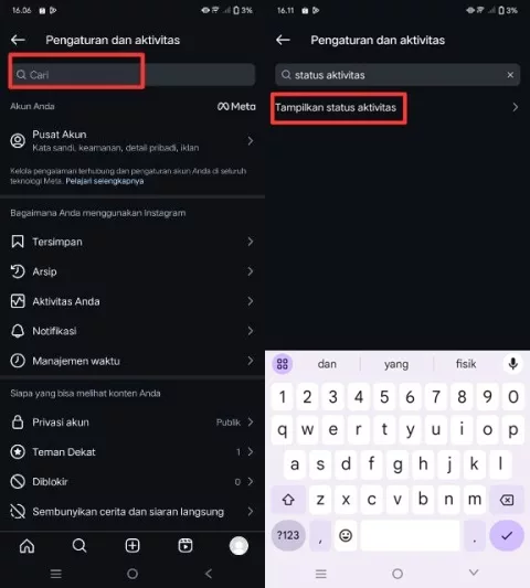 menu tampilkan status aktivitas