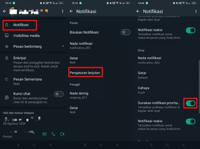nonaktifkan notifikasi prioritas di layar