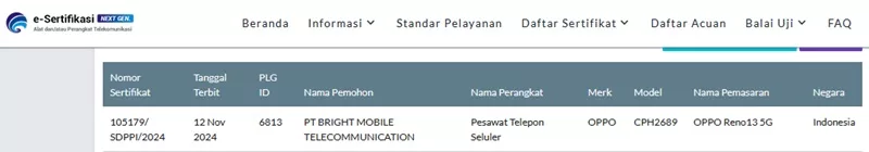 Sertifikasi Postel Oppo Reno13 5G Sertifikasi Postel Oppo Reno13 5G
