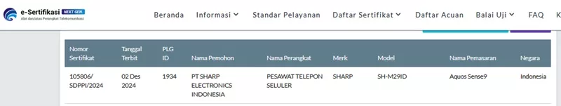 Sertifikasi Postel Aquos Sense9