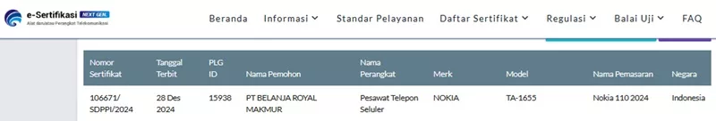 Sertifikasi Postel Nokia 110 2024 Sertifikasi Postel Nokia 110 2024