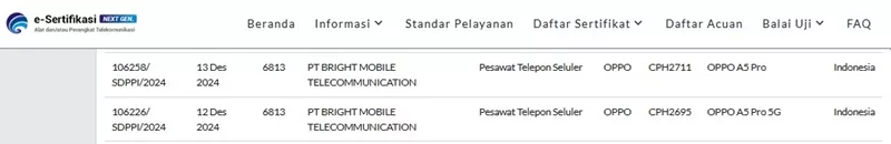 Sertifikasi Postel Oppo A5 Pro Series Sertifikasi Postel Oppo A5 Pro Series
