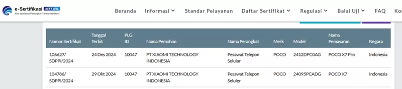 Sertifikasi Postel Poco X7 Series Sertifikasi Postel Poco X7 Series