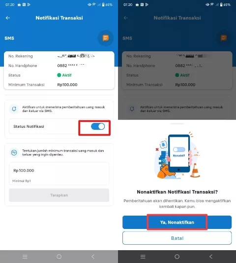 Nonaktifkan notifikasi SMS Banking