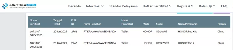 Sertifikasi Postel Honor Pad 9 dan Pad X8a Sertifikasi Postel Honor Pad 9 dan Pad X8a