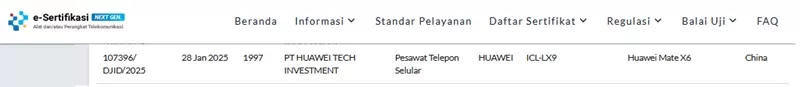 Sertifikasi Postel Huawei Mate X6 Sertifikasi Postel Huawei Mate X6
