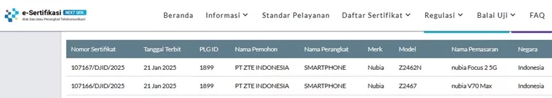 Sertifikasi Postel Nubia V70 Max dan Focus 2 5G Sertifikasi Postel Nubia V70 Max dan Focus 2 5G