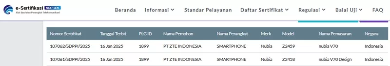 Sertifikasi Postel Nubia V70 dan V70 Design Sertifikasi Postel Nubia V70 dan V70 Design