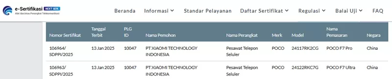 Sertifikasi Postel Poco F7 Series Sertifikasi Postel Poco F7 Series