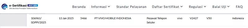 Sertifikasi Postel Vivo V50 Sertifikasi Postel Vivo V50