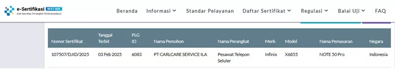 Sertifikasi Postel Infinix Note 50 Pro Sertifikasi Postel Infinix Note 50 Pro