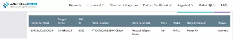 Sertifikasi Postel Itel Power 70 Sertifikasi Postel Itel Power 70