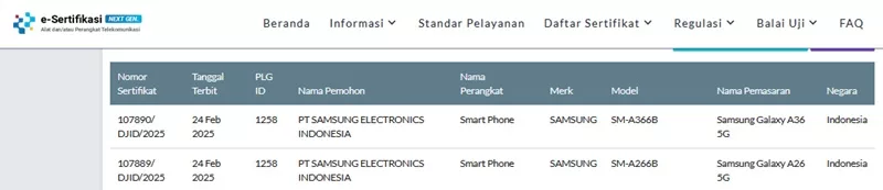 Sertifikasi Postel Samsung Galaxy A36 5G dan Galaxy A26 5G Sertifikasi Postel Samsung Galaxy A36 5G dan Galaxy A26 5G