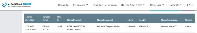 Sertifikasi Postel Huawei Mate XT Sertifikasi Postel Huawei Mate XT