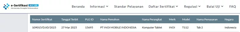 Sertifikasi Postel INOI Tab 2 Sertifikasi Postel INOI Tab 2