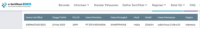 Sertifikasi Postel Nubia Focus 2 Ultra 5G Sertifikasi Postel Nubia Focus 2 Ultra 5G