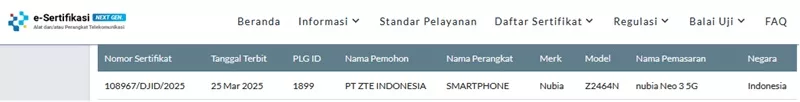 Sertifikasi Postel Nubia Neo 3 5G Sertifikasi Postel Nubia Neo 3 5G