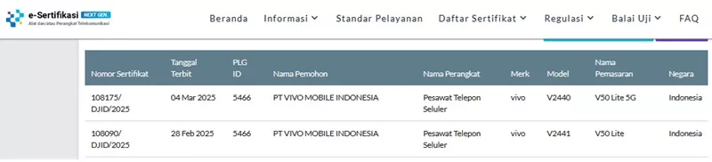 Sertifikasi Postel Vivo V50 Lite dan V50 Lite 5G Sertifikasi Postel Vivo V50 Lite dan V50 Lite 5G