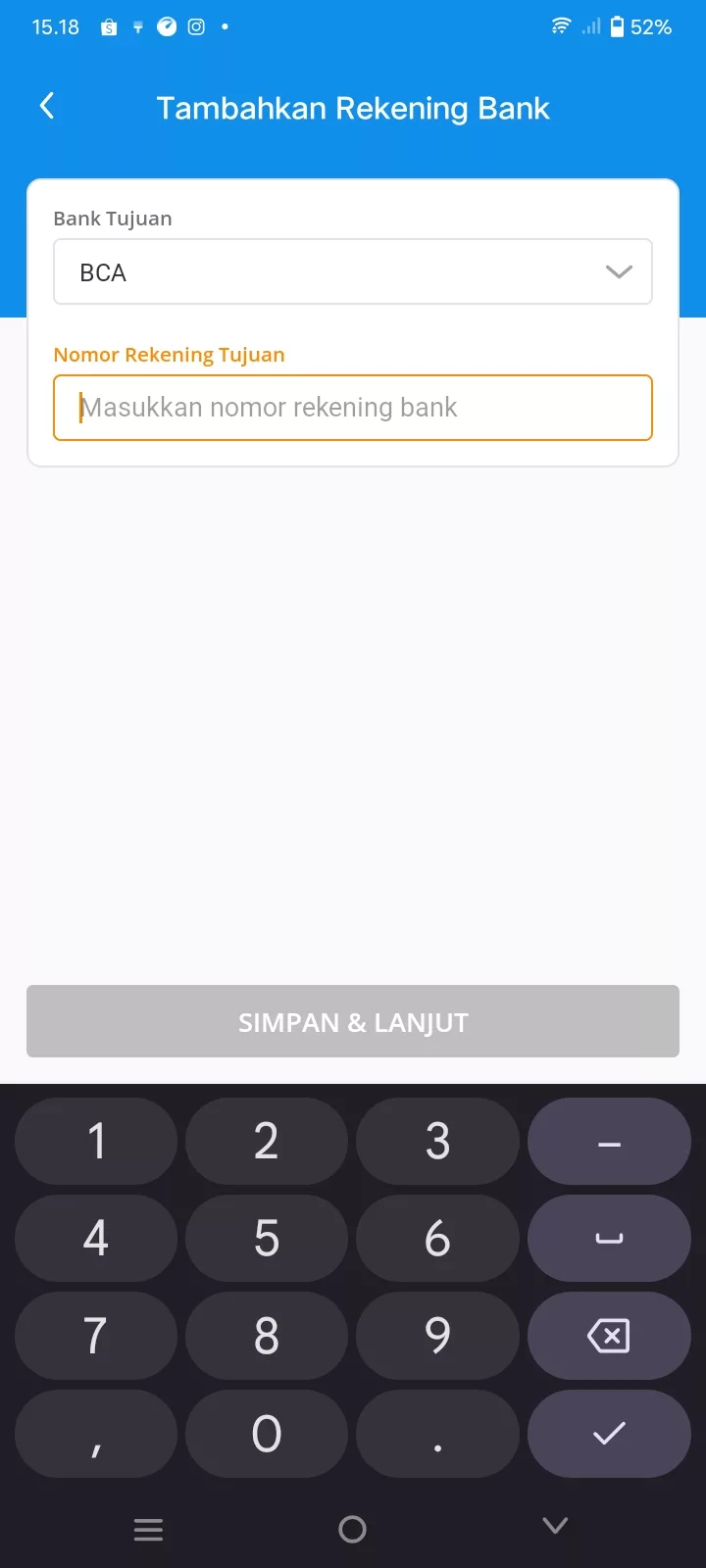 pilih Bank dan masukkan no rek