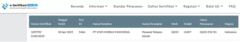 Sertifikasi Postel iQOO Z10 5G Sertifikasi Postel iQOO Z10 5G