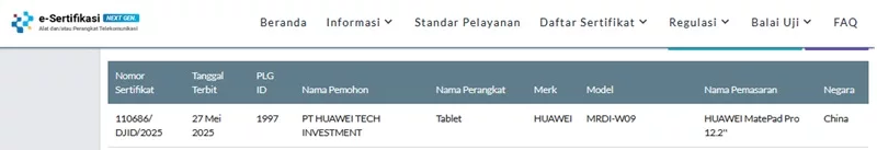 Sertifikasi Postel Huawei MatePad Pro 12.2 Sertifikasi Postel Huawei MatePad Pro 12.2