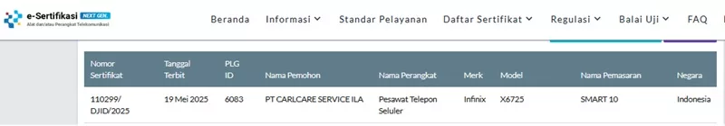 Sertifikasi Postel Infinix Smart 10 Sertifikasi Postel Infinix Smart 10