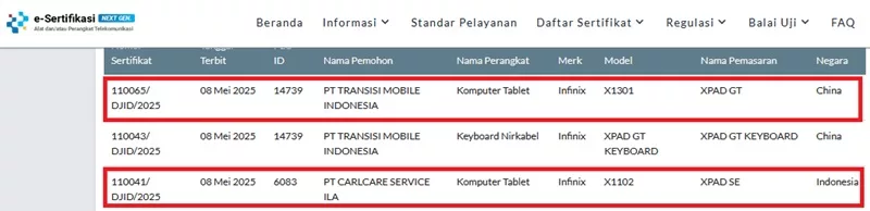 Sertifikasi Postel Infinix XPad SE dan XPad GT Sertifikasi Postel Infinix XPad SE dan XPad GT