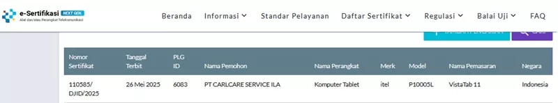 Sertifikasi Postel Itel VistaTab 11 Sertifikasi Postel Itel VistaTab 11