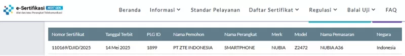 Sertifikasi Postel Nubia A36 Sertifikasi Postel Nubia A36