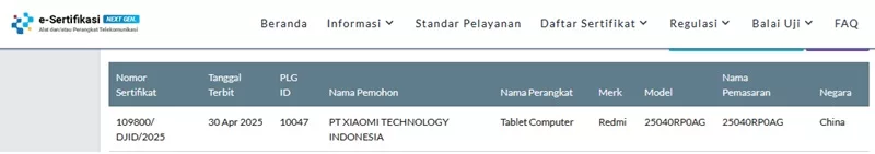 Sertifikasi Postel Redmi Pad 2 Sertifikasi Postel Redmi Pad 2