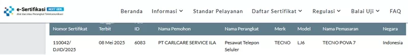 Sertifikasi Postel Tecno Pova 7 Sertifikasi Postel Tecno Pova 7
