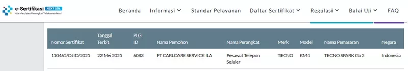 Sertifikasi Postel Tecno Spark Go 2 Sertifikasi Postel Tecno Spark Go 2