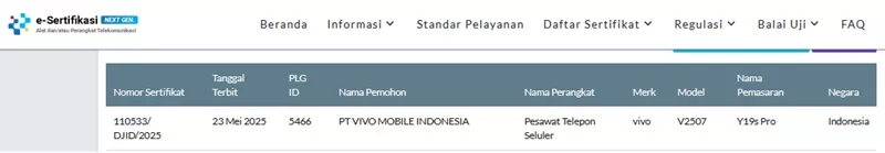 Sertifikasi Postel Vivo Y19s Pro Sertifikasi Postel Vivo Y19s Pro