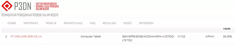 Sertifikasi TKDN Infinix X1102 Sertifikasi TKDN Infinix X1102